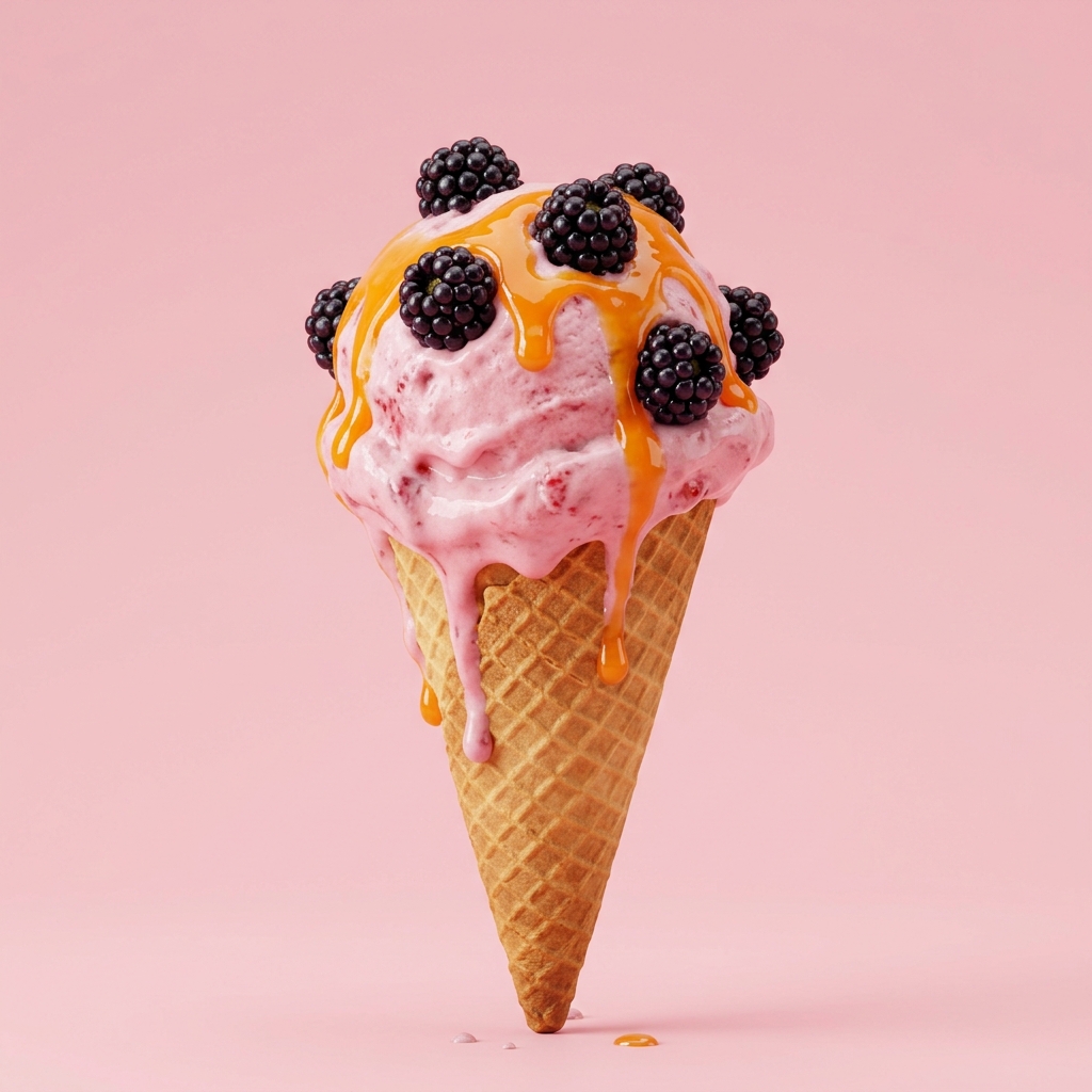 Delicious pink ice cream cone melting